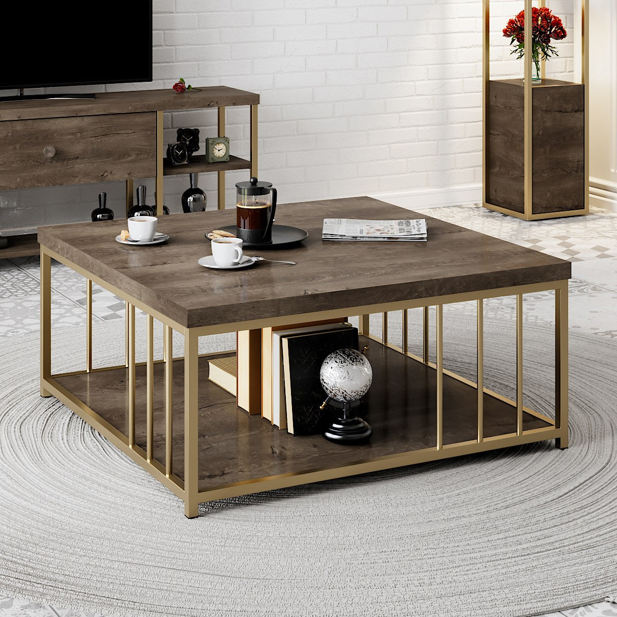 Masuta cafea Zenn, nuc/auriu, PAL melaminat/metal, 90x90x40 cm