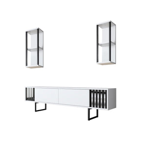 Set comoda TV si 2 rafturi Chrome Line, alb/negru, PAL/metal, 180x30x48 cm