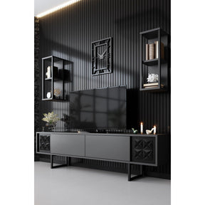 Set living Black Line, format din comoda Tv, masuta cafea si 2 rafturi, gri/negru, PAL
