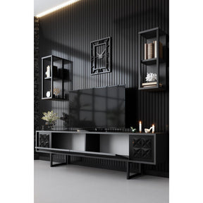 Set living Black Line, format din comoda Tv, masuta cafea si 2 rafturi, gri/negru, PAL