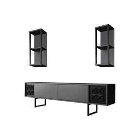 Set living Black Line, format din comoda Tv, masuta cafea si 2 rafturi, gri/negru, PAL