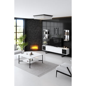 Set living Black Line, format din comoda TV, masuta cafea si 2 rafturi, alb/negru, PAL