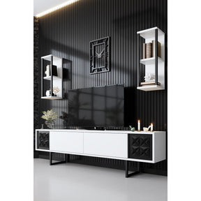 Set living Black Line, format din comoda TV, masuta cafea si 2 rafturi, alb/negru, PAL