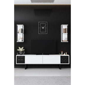 Set living Black Line, format din comoda TV, masuta cafea si 2 rafturi, alb/negru, PAL