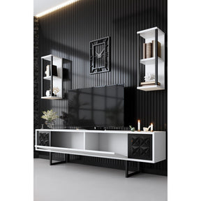 Set living Black Line, format din comoda TV, masuta cafea si 2 rafturi, alb/negru, PAL