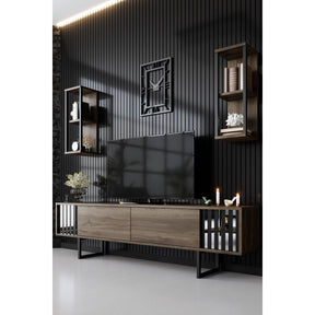 Set living Chrome Line Set, format din comoda TV, 2 rafturi si o masuta cafea, nuc/negru