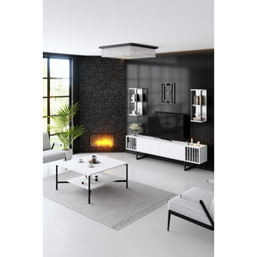 Set living Chrome Line, format din comoda Tv, 2 rafturi si o masuta cafea, alb/negru