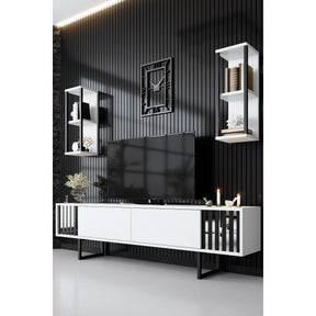 Set living Chrome Line, format din comoda Tv, 2 rafturi si o masuta cafea, alb/negru
