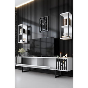 Set living Chrome Line, format din comoda Tv, 2 rafturi si o masuta cafea, alb/negru