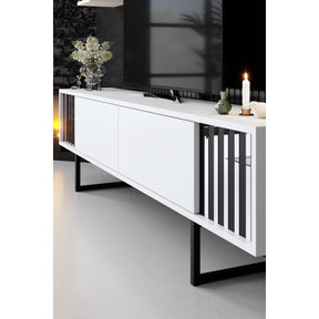Set living Chrome Line, format din comoda Tv, 2 rafturi si o masuta cafea, alb/negru