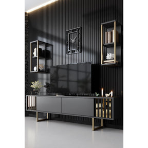 Set living Gold Line, format din comoda TV, 2 rafturi si o masuta cafea, gri/auriu, PAL