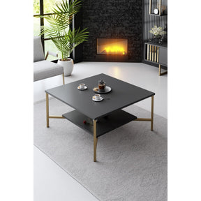 Set living Gold Line, format din comoda TV, 2 rafturi si o masuta cafea, gri/auriu, PAL