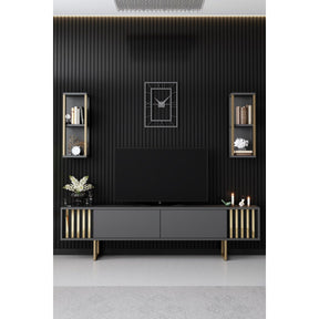 Set living Gold Line, format din comoda TV, 2 rafturi si o masuta cafea, gri/auriu, PAL