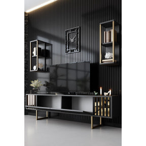 Set living Gold Line, format din comoda TV, 2 rafturi si o masuta cafea, gri/auriu, PAL