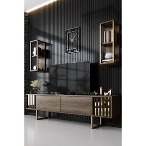 Set living Gold Line, format din comoda TV, 2 rafturi si masuta cafea, nuc/auriu, PAL