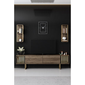 Set living Gold Line, format din comoda TV, 2 rafturi si masuta cafea, nuc/auriu, PAL