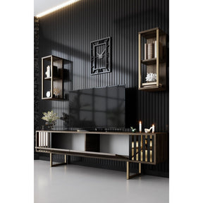 Set living Gold Line, format din comoda TV, 2 rafturi si masuta cafea, nuc/auriu, PAL