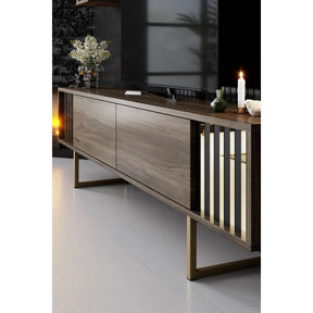 Set living Gold Line, format din comoda TV, 2 rafturi si masuta cafea, nuc/auriu, PAL