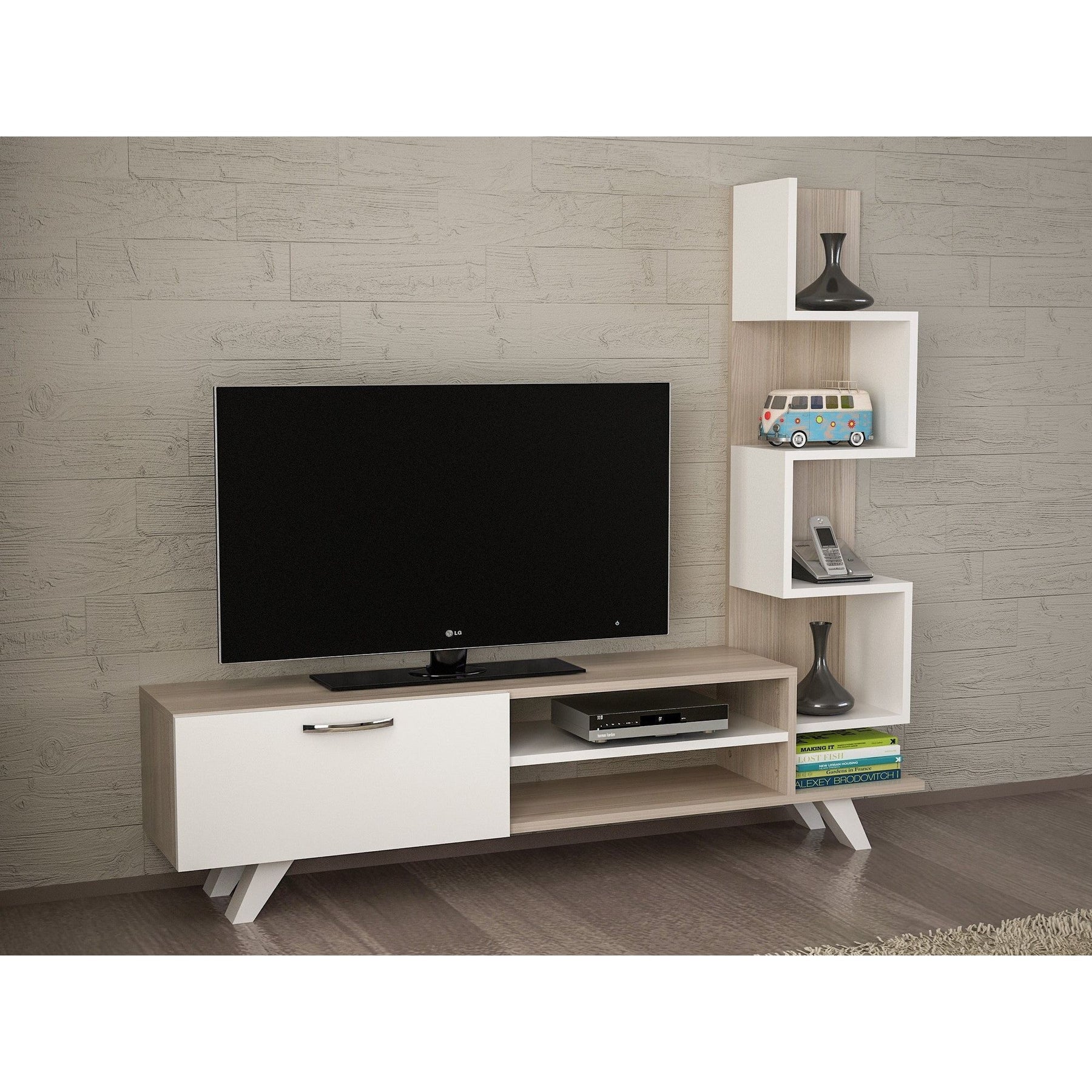 Comoda TV Ceren, stejar/alb, PAL, 150x30x132 cm