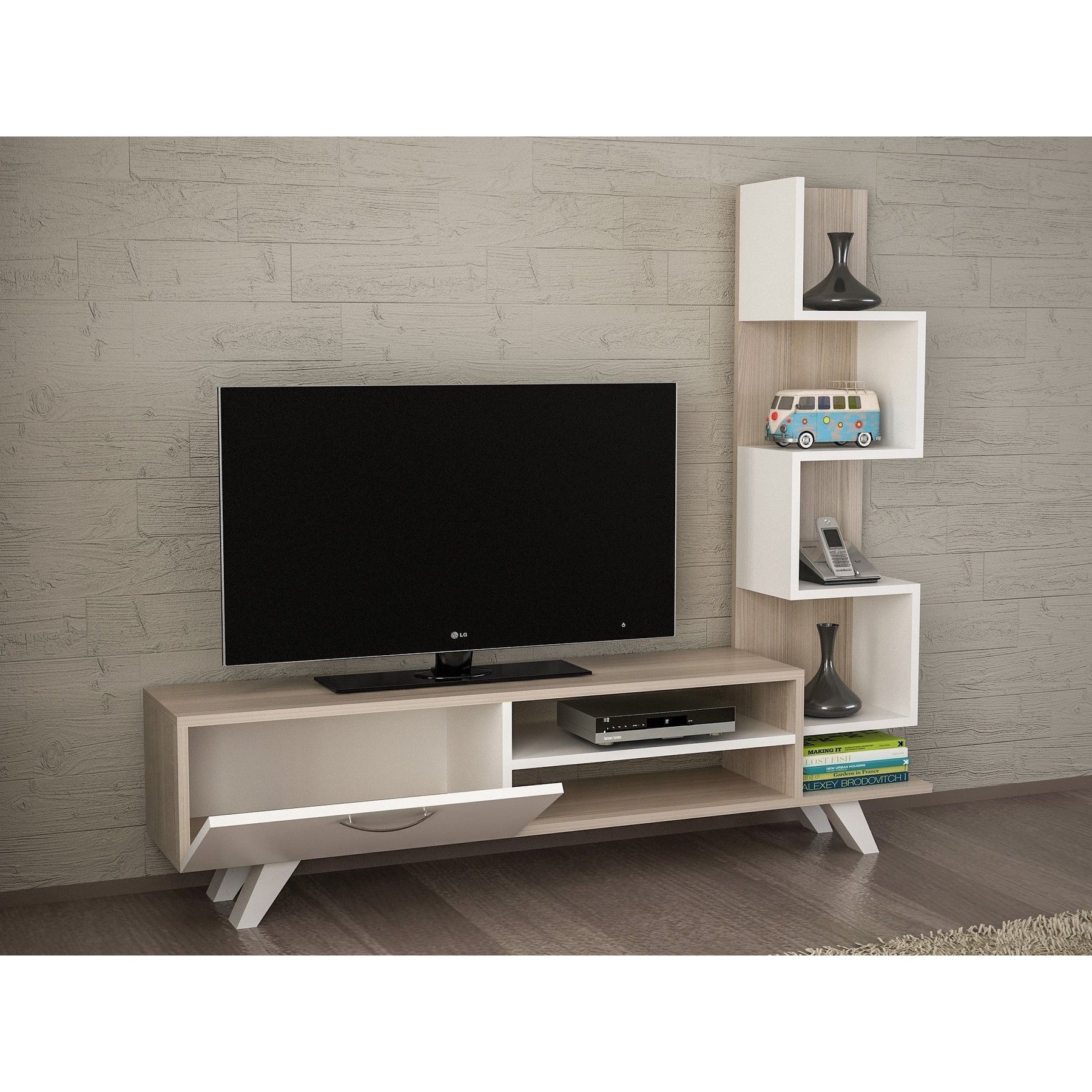 Comoda TV Ceren, stejar/alb, PAL, 150x30x132 cm