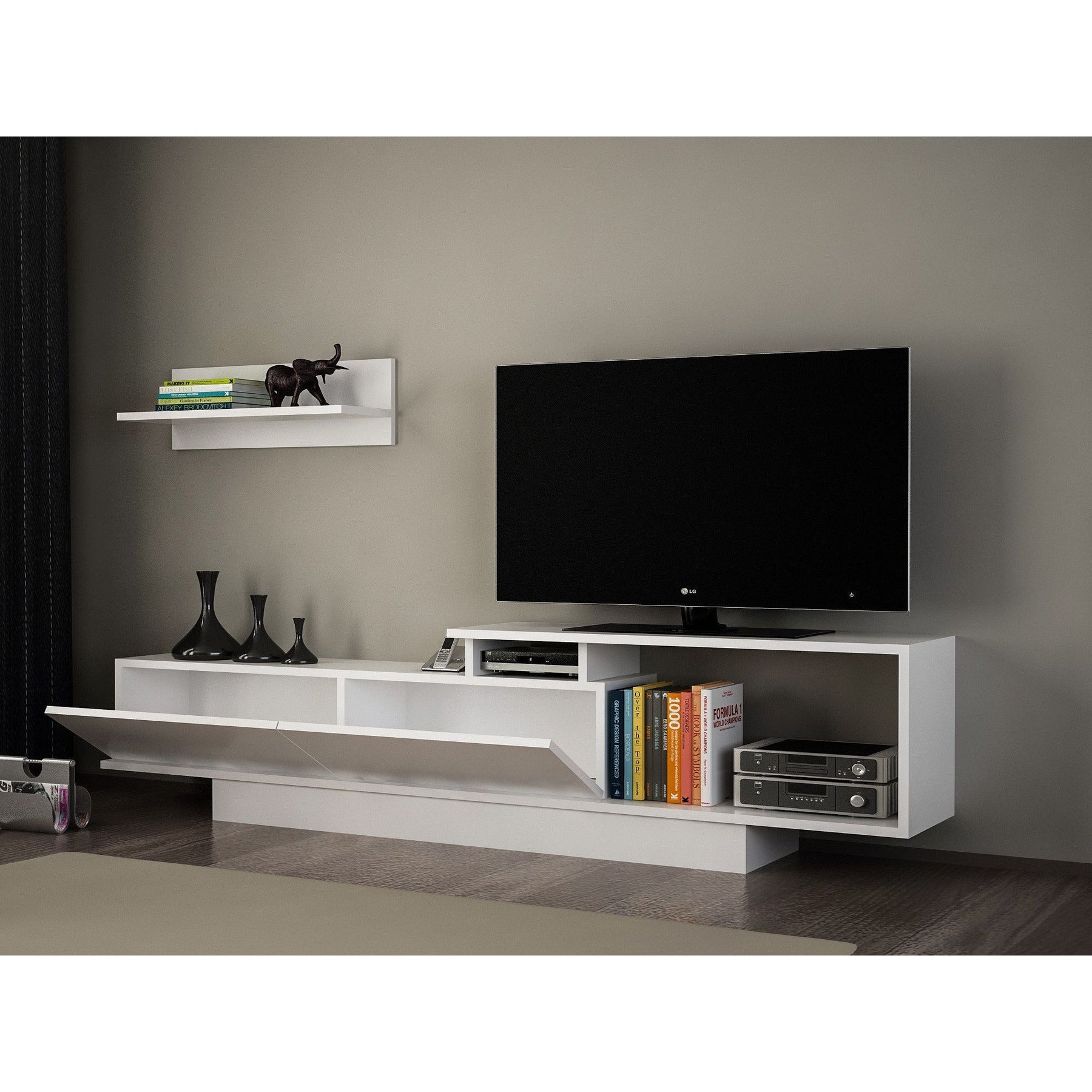 Set living Asos, format din comoda TV si o polita, alb, PAL