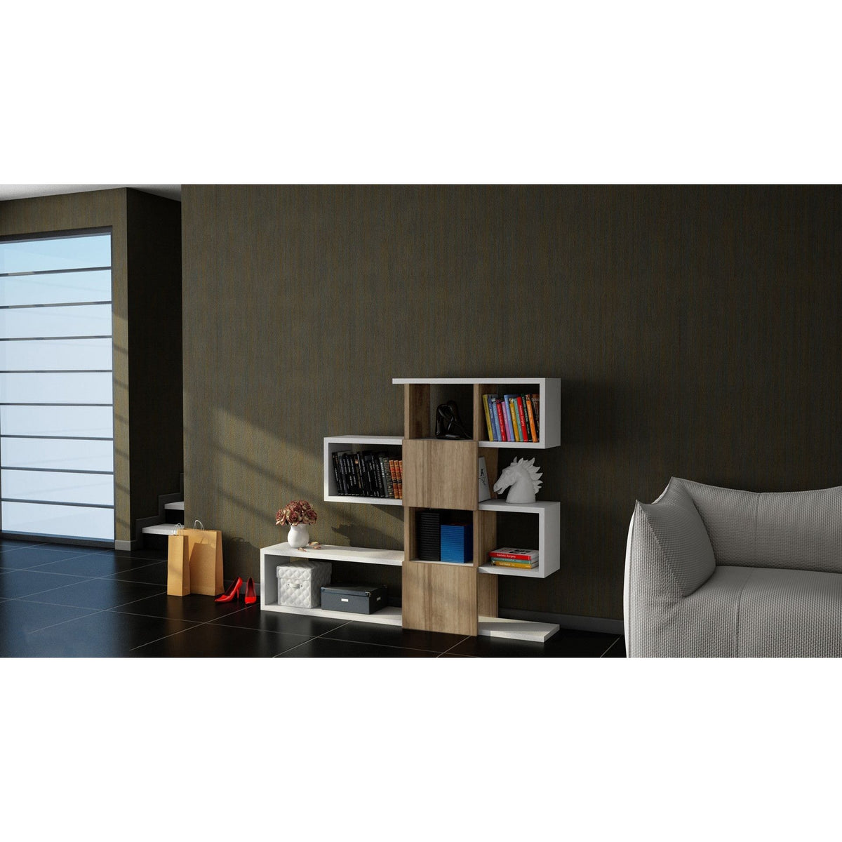 Biblioteca Karlin, din PAL melaminat, alb/alun, 120x20x109 cm