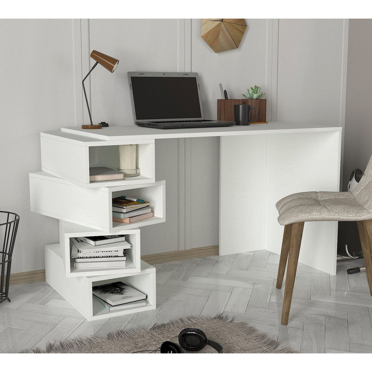 Birou Jenga, din PAL melaminat, alb, 130x60x75 cm
