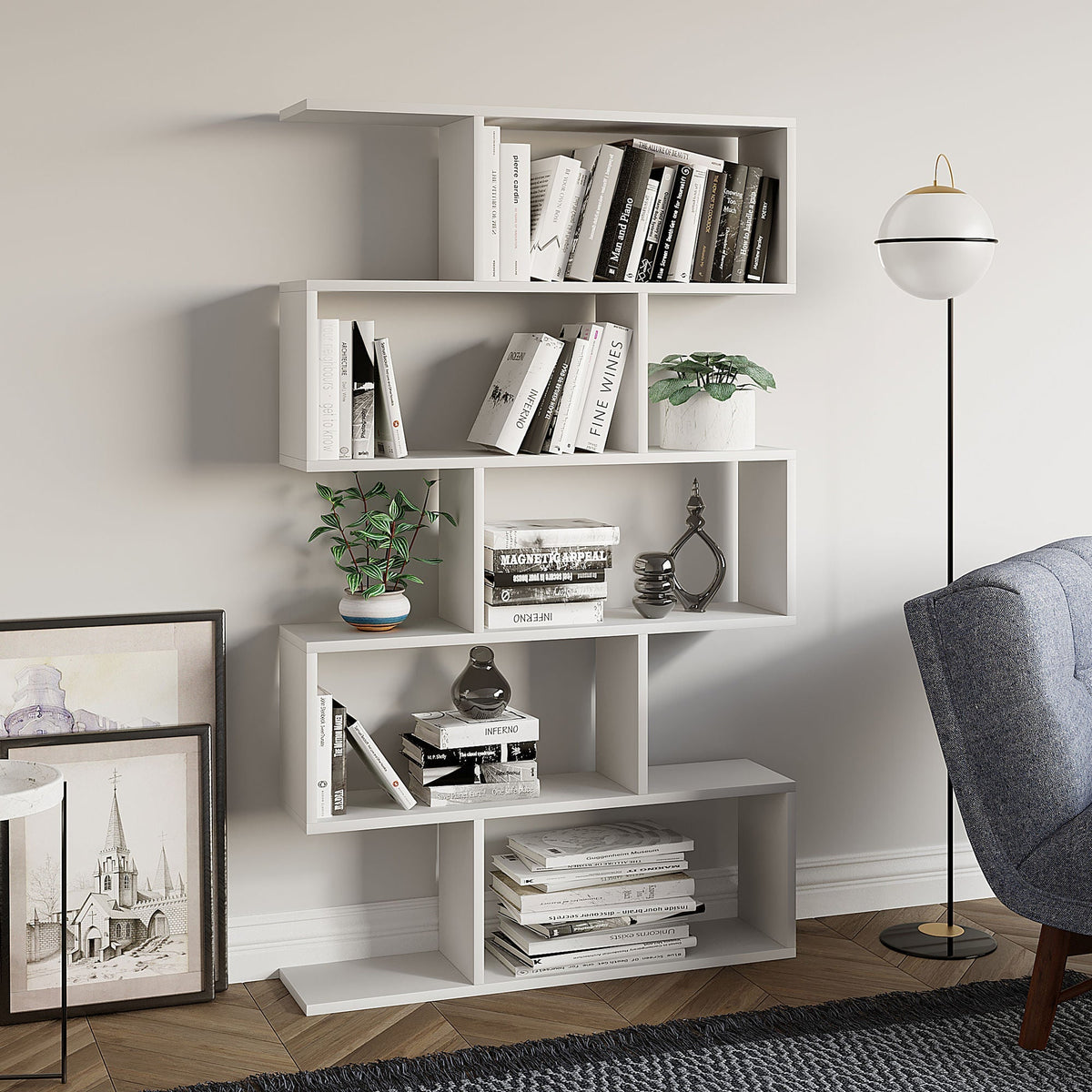Biblioteca Nilufer, din PAL melaminat, alb, 90x20x156 cm