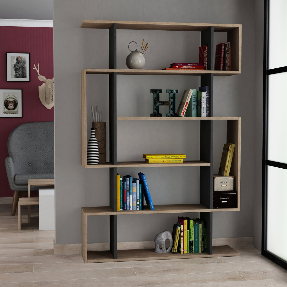 Biblioteca Mito, din PAL melaminat, stejar sonoma/gri antracit, 110x26x161 cm