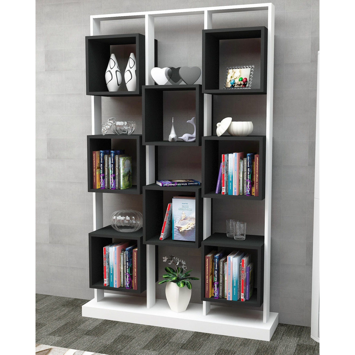 Biblioteca Edge, din PAL melaminat, alb/negru, 120x30x188 cm