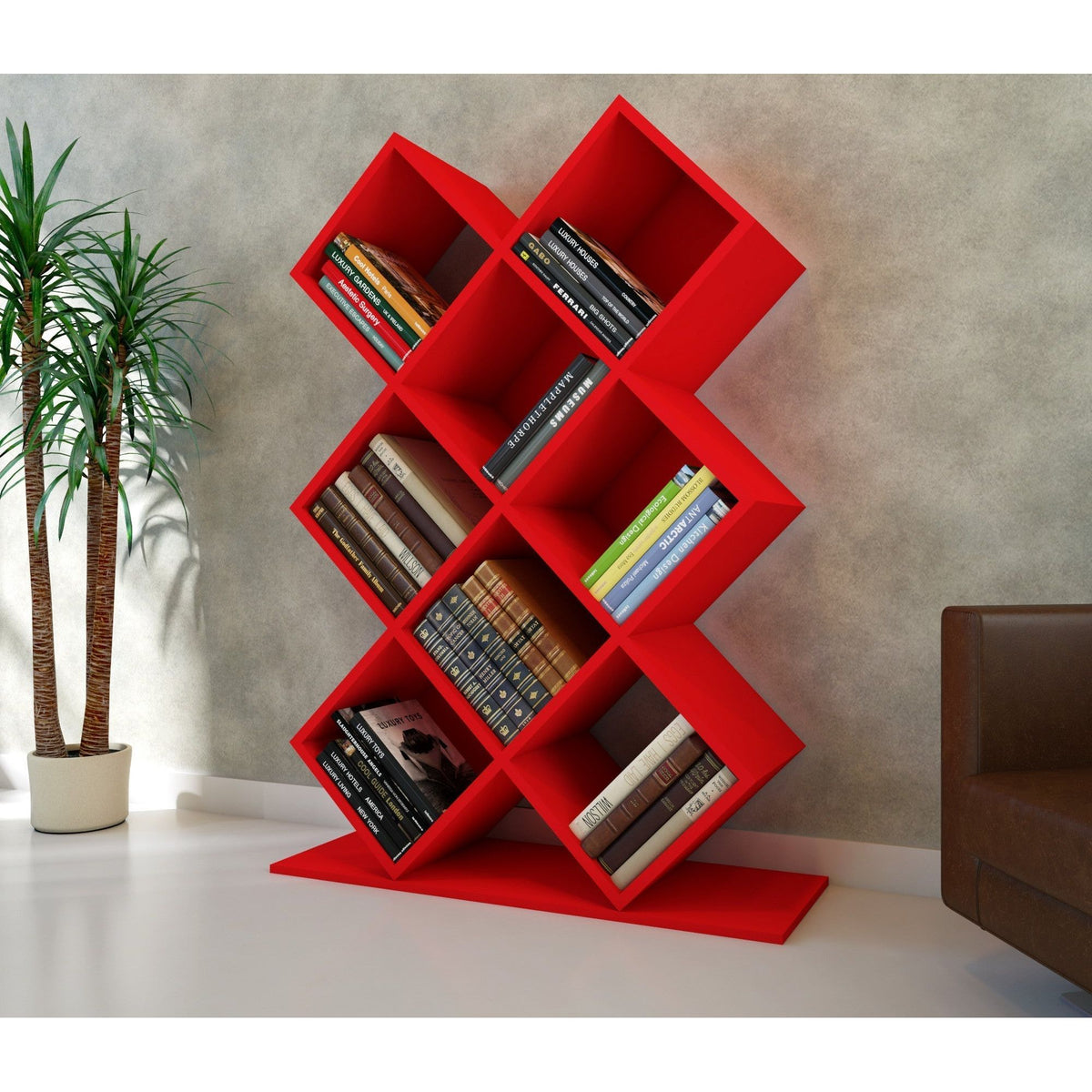 Biblioteca Kumsal, din PAL melaminat, rosu, 90x20x129 cm
