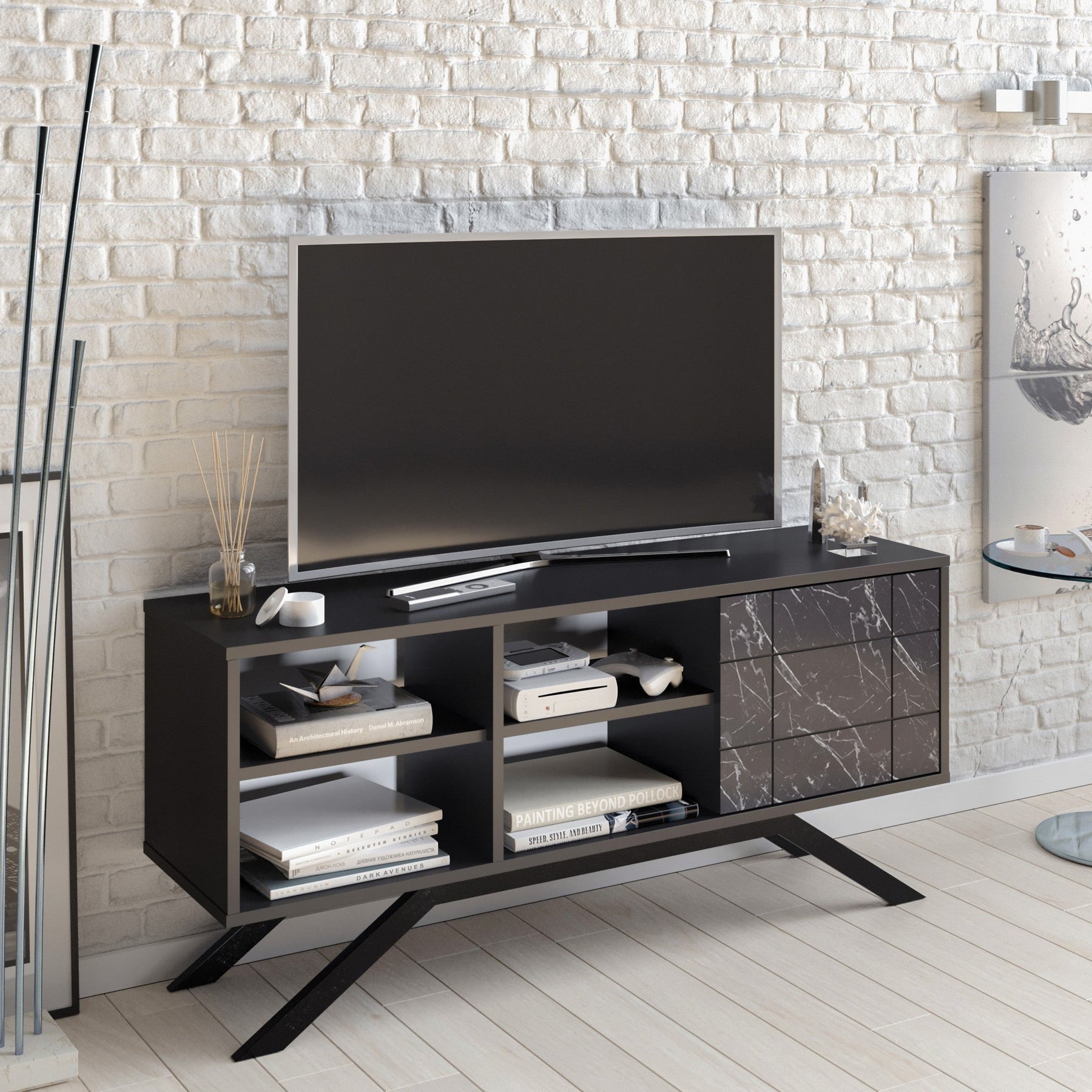Comoda TV North, negru cu imprimeu marmura, PAL/metal, 130x59x39 cm
