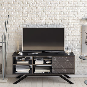 Comoda TV North, negru cu imprimeu marmura, PAL/metal, 130x59x39 cm