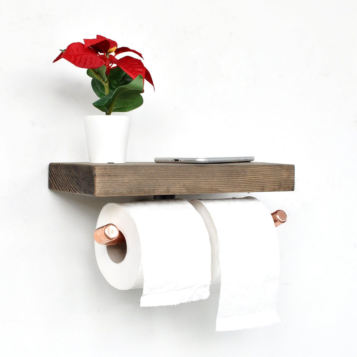 Suport dublu pentru hartie igienica COP018, lemn de molid/cupru, 30x12x15 cm