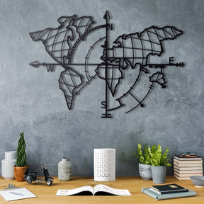 Decoratiune perete World Map, metal 100%, negru, 65 x 95 cm