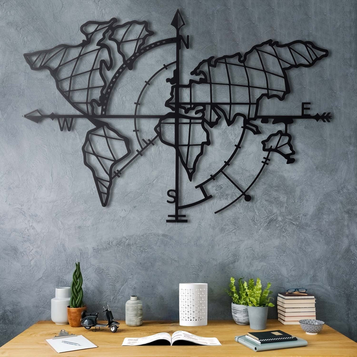 Decoratiune perete World Map, metal 100%, negru, 65 x 95 cm