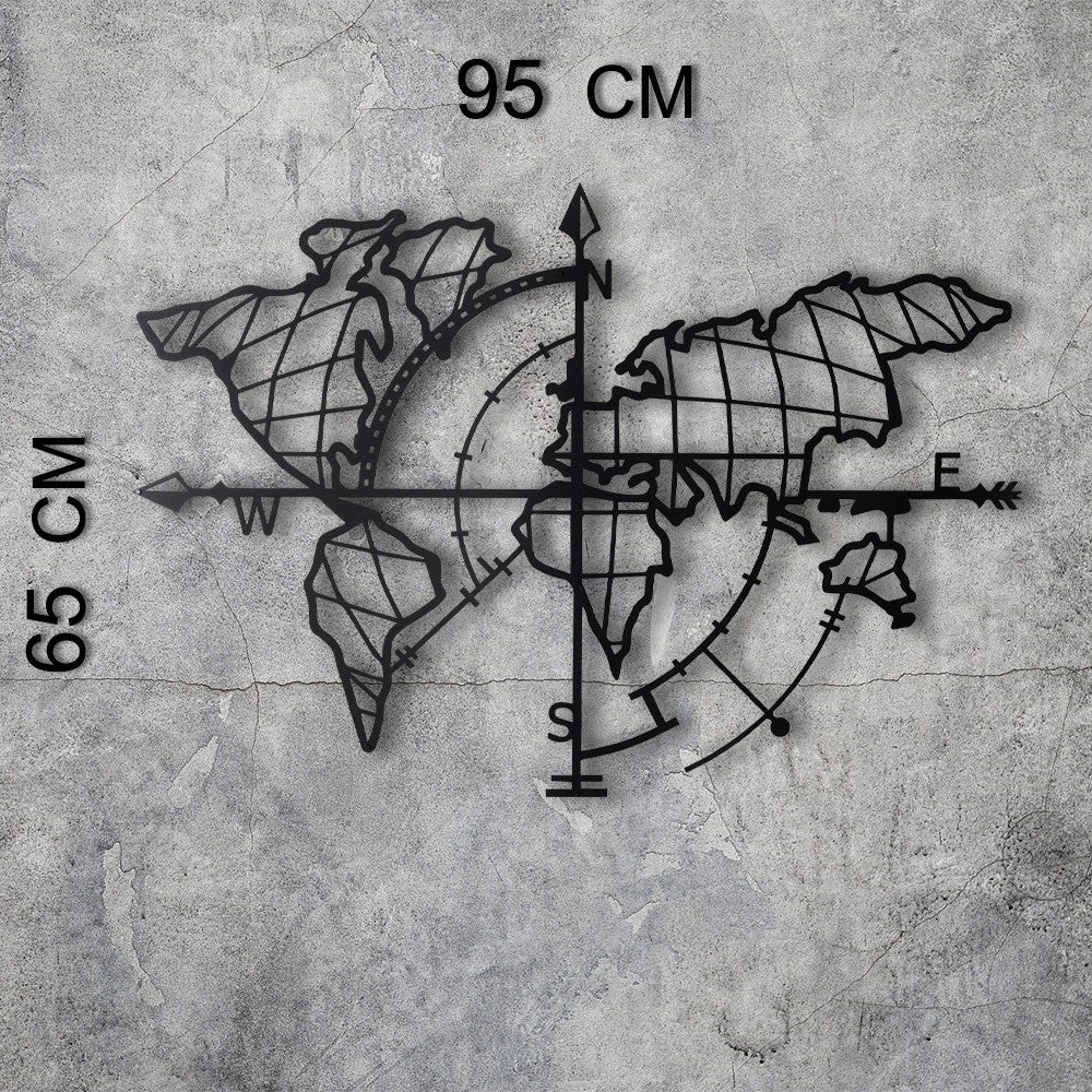 Decoratiune perete World Map, metal 100%, negru, 65 x 95 cm
