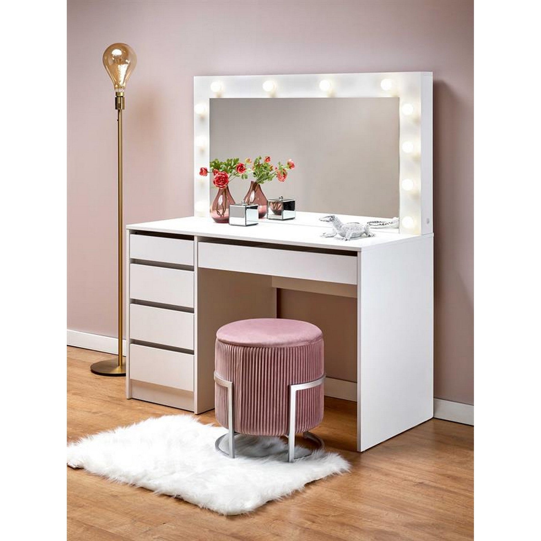 Masa de toaleta cu oglinda si iluminare led HOLLYWOOD XL, alb, 120x55x140 cm