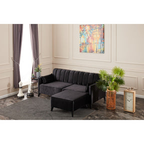 Set canapea si taburet Ova, stofa catifelata neagra, 206x165x80cm