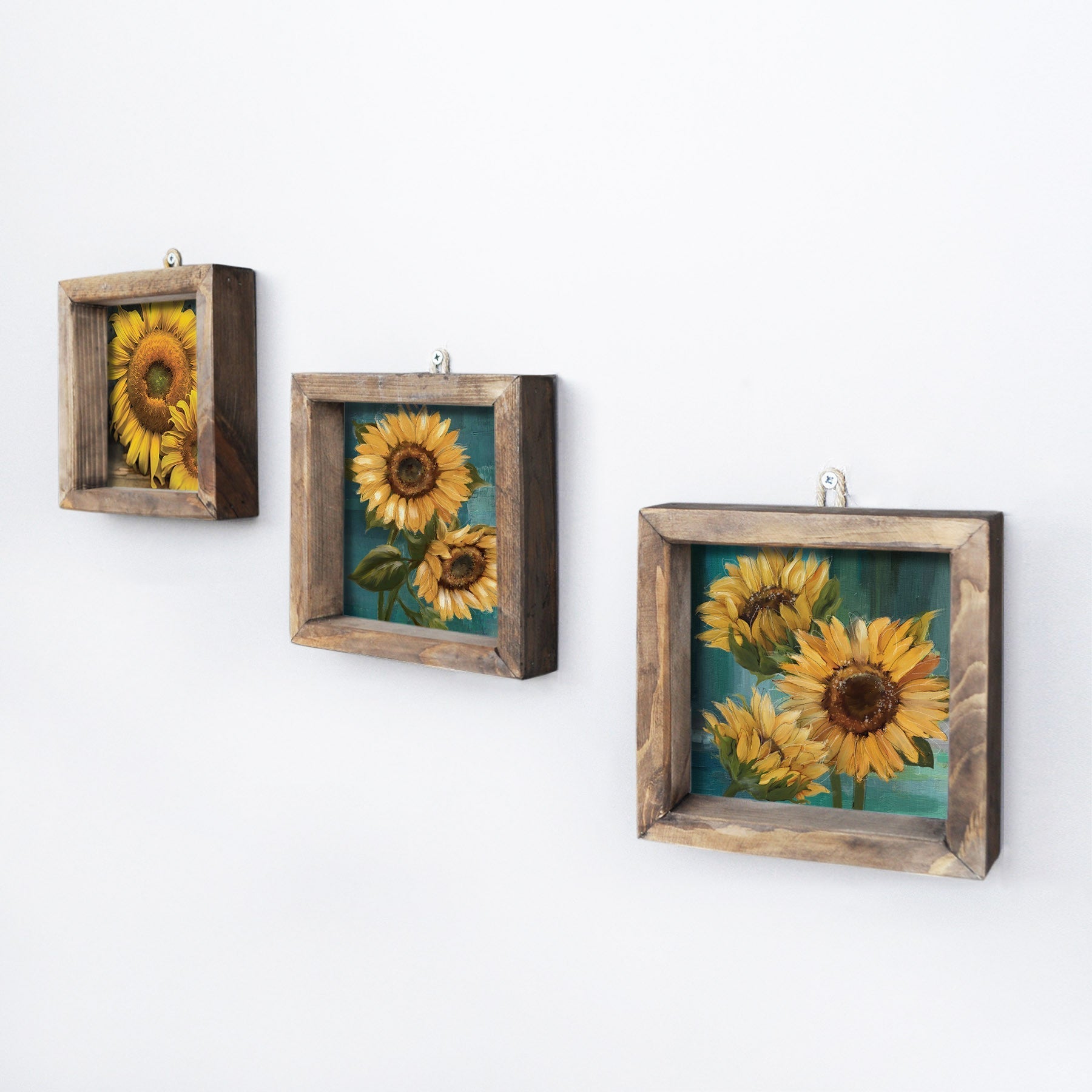 Set 3 Tablouri UKZM005, lemn de pin, imprimeu floarea-soarelui, 15x15 cm