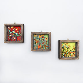 Set 3 Tablouri UKZM018, lemn de pin, multicolor-imprimeu floral, 15x15 cm