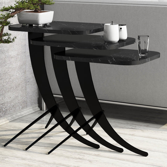 Set 3 masute Pion, din PAL melaminat, marmura neagra, 35x45x60 cm