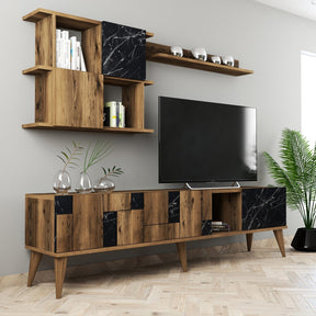 Set Living Madrid, din PAL melaminat, marmura neagra/alun - 180x34x130 cm