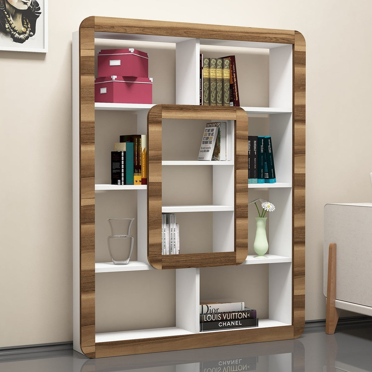 Biblioteca Orkide, din PAL melaminat, alb/nuc, 109x22x140 cm