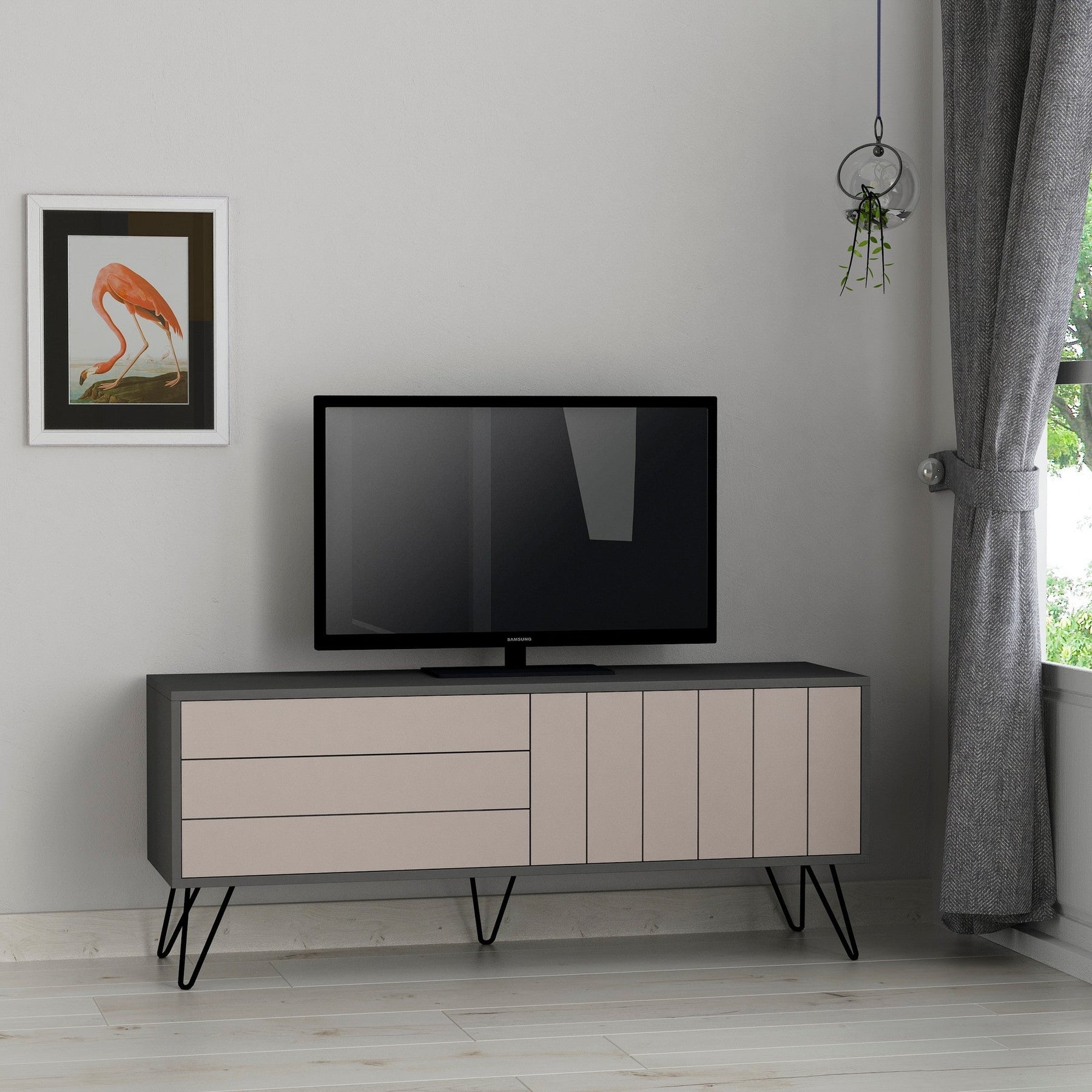Comoda TV Picadilly, din PAL melaminat, gri antracit/light mocha, 139x36x57 cm