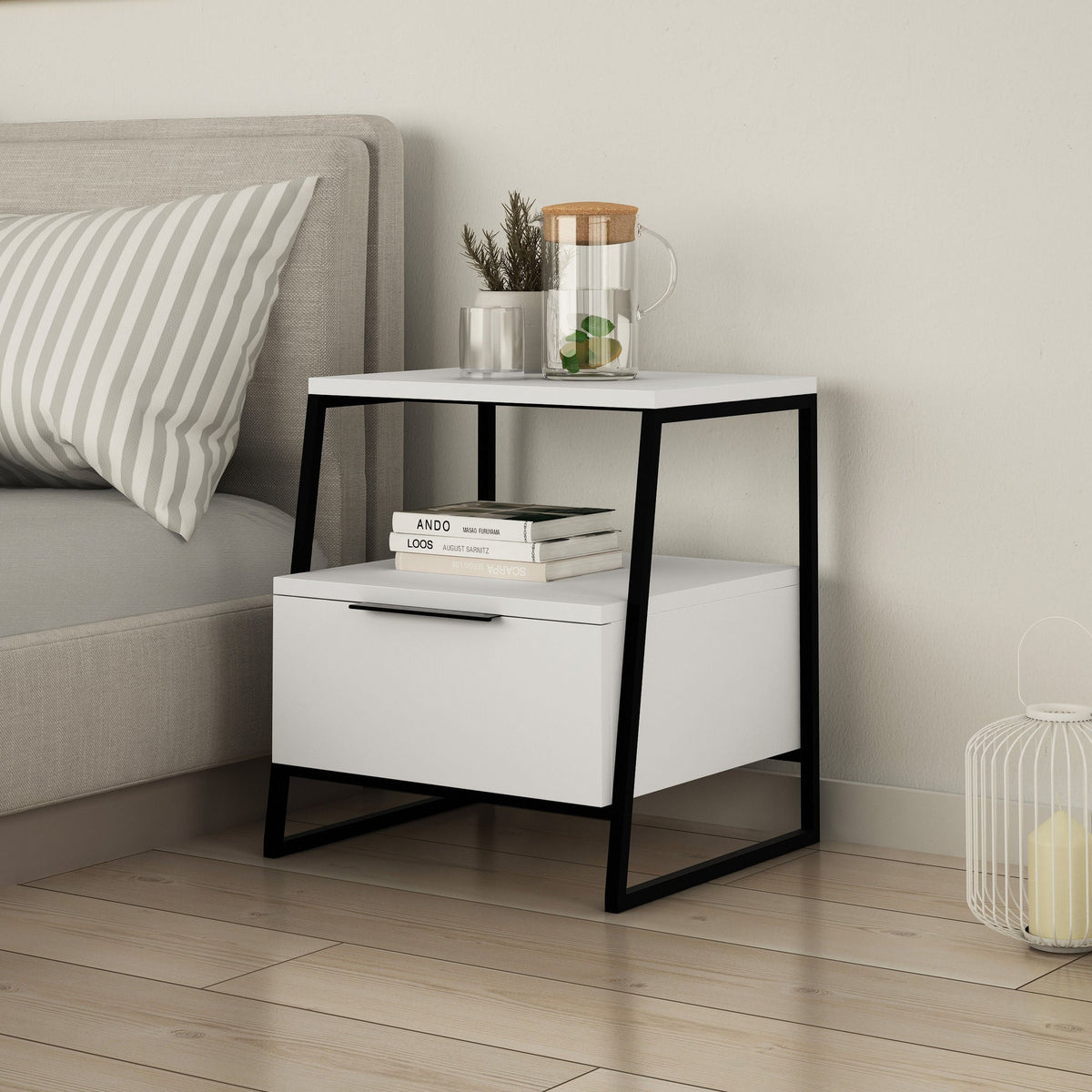 Noptiera 855DTE3547, alb/negru, PAL/metal, 45x41x50 cm