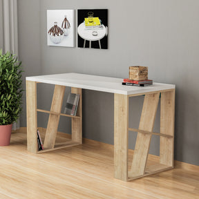 Birou Honey, din PAL melaminat, alb/stejar, 140x60x75 cm