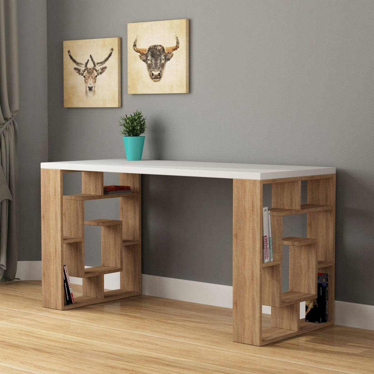 Birou Maze, alb/stejar, PAL melaminat, 140x75x60 cm