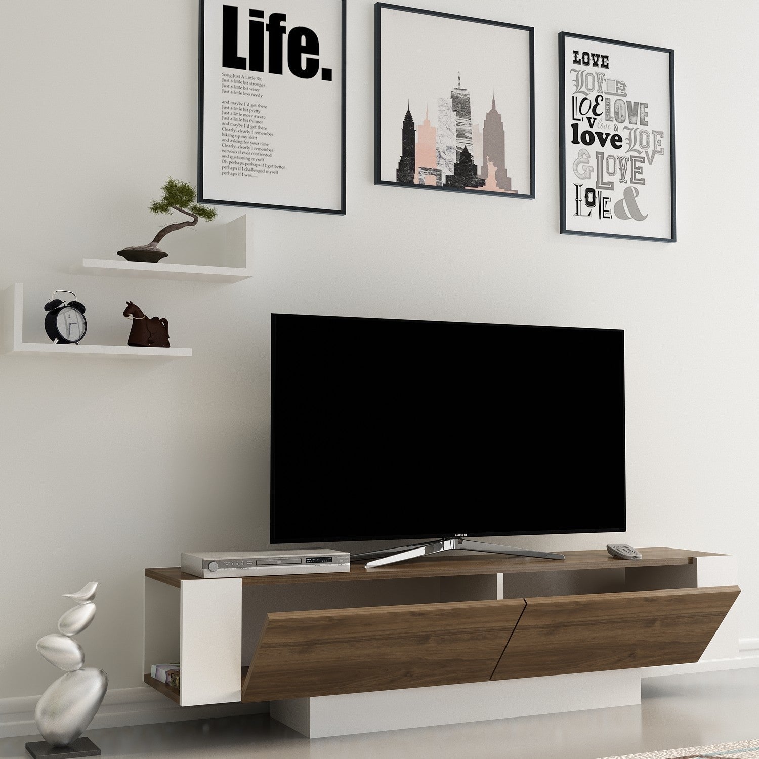 Comoda TV Matera, din PAL melaminat, alun/alb, 150x32x42 cm
