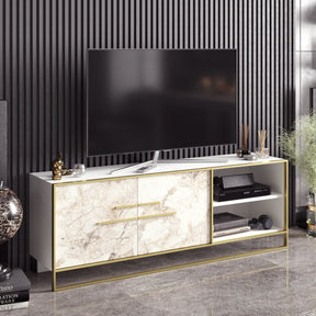 Comoda TV Polka, din PAL melaminat, alb/gold, 160x38.5x56.6 cm